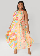 Belted Scarf Print Maxi Dress