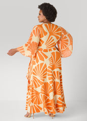 Pleated Sleeve Tropical Wrap Dress