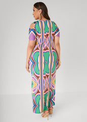 Royal Blue Psychedelic Maxi Dress with Cold Shoulder