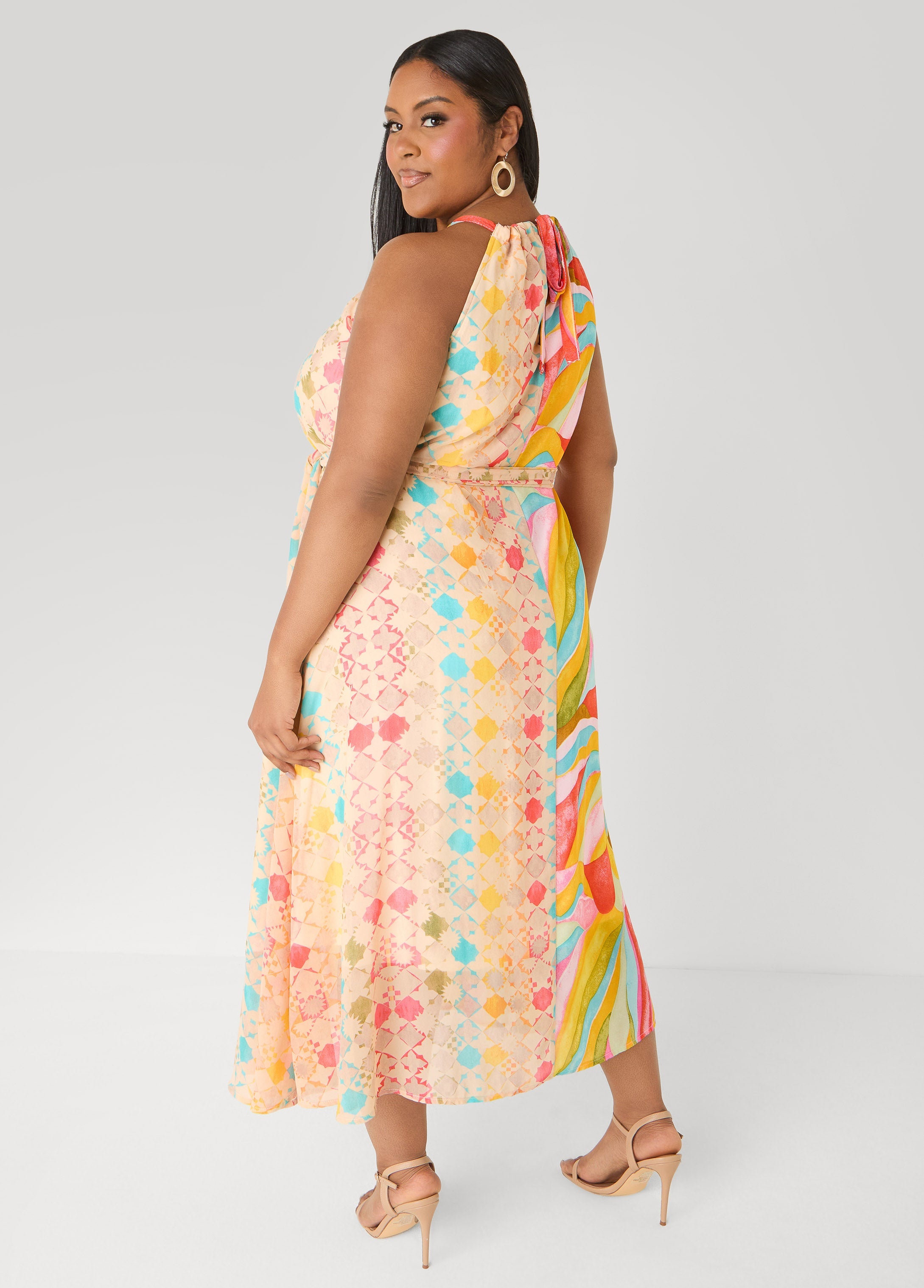 Belted Scarf Print Maxi Dress