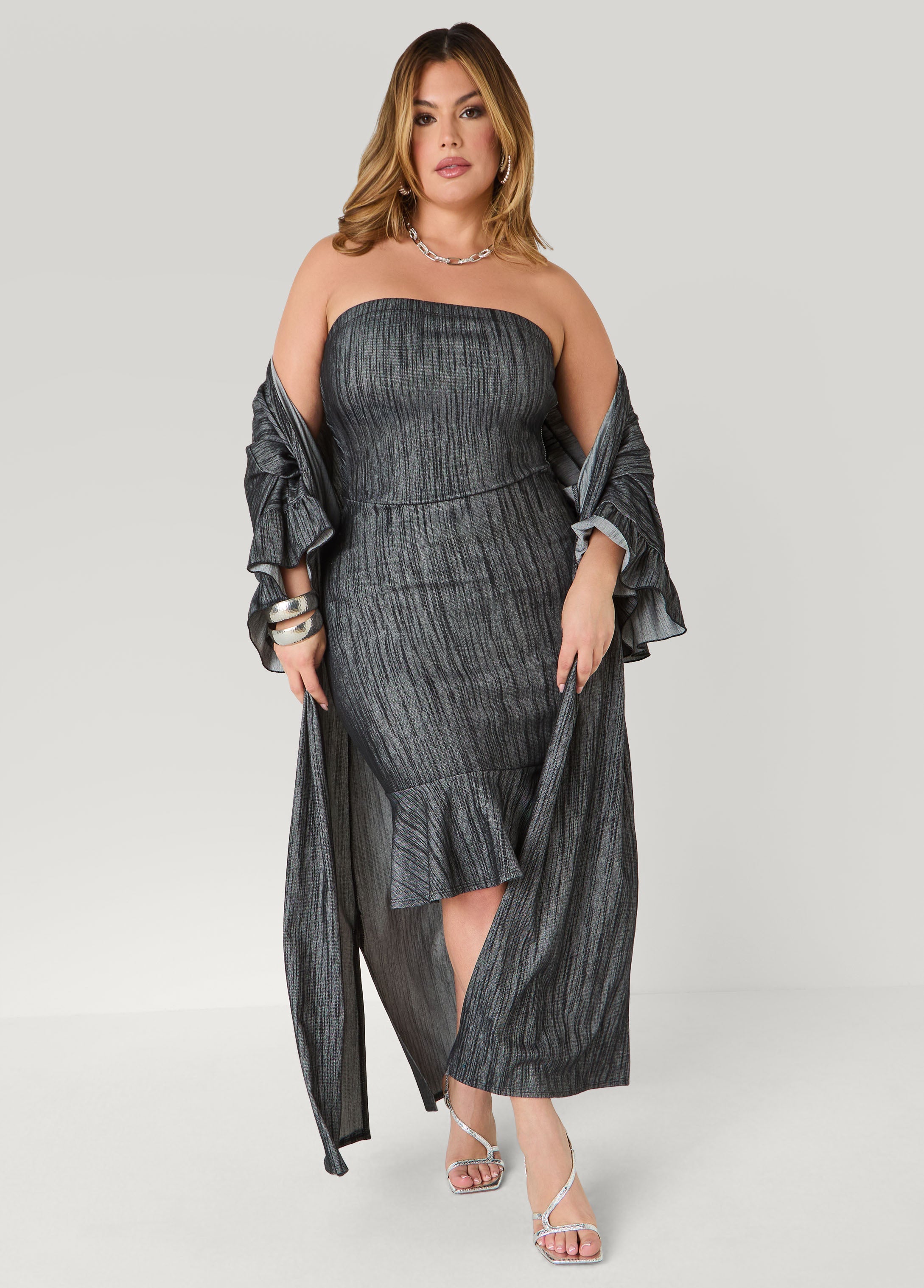 Ruffled Textured Denim Duster
