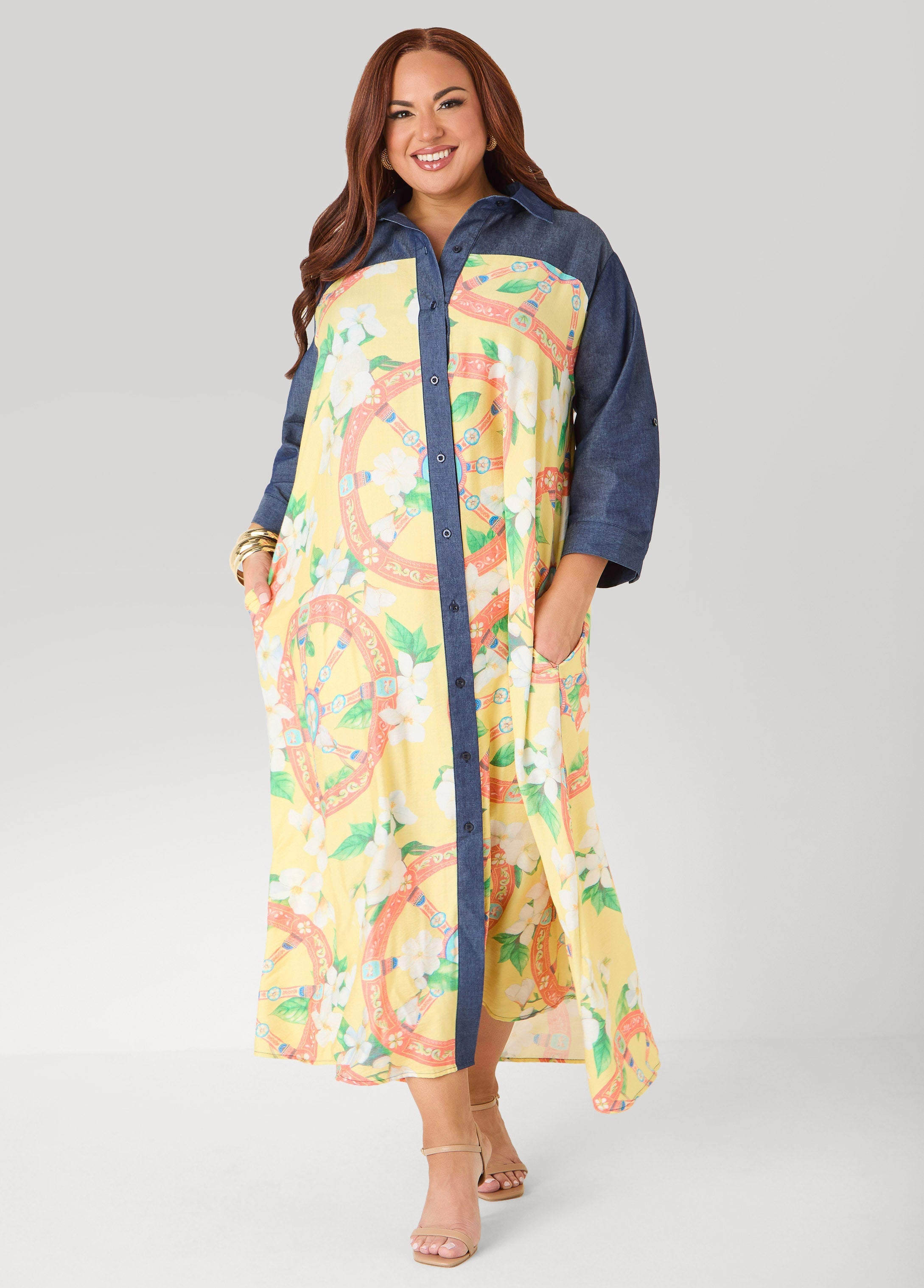 Denim Paneled Printed Shirtdress