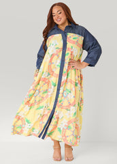Denim Paneled Printed Shirtdress