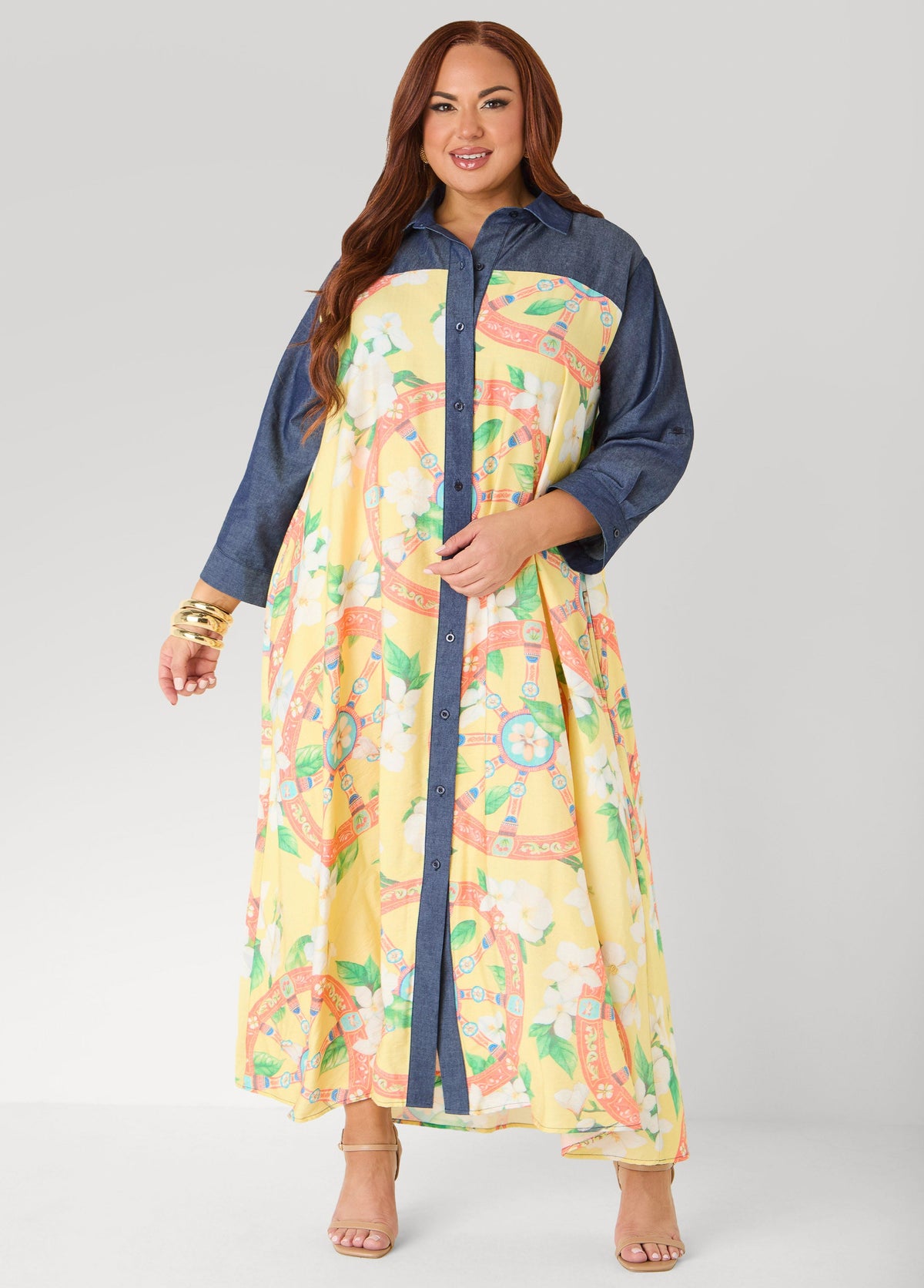 Denim Paneled Printed Shirtdress