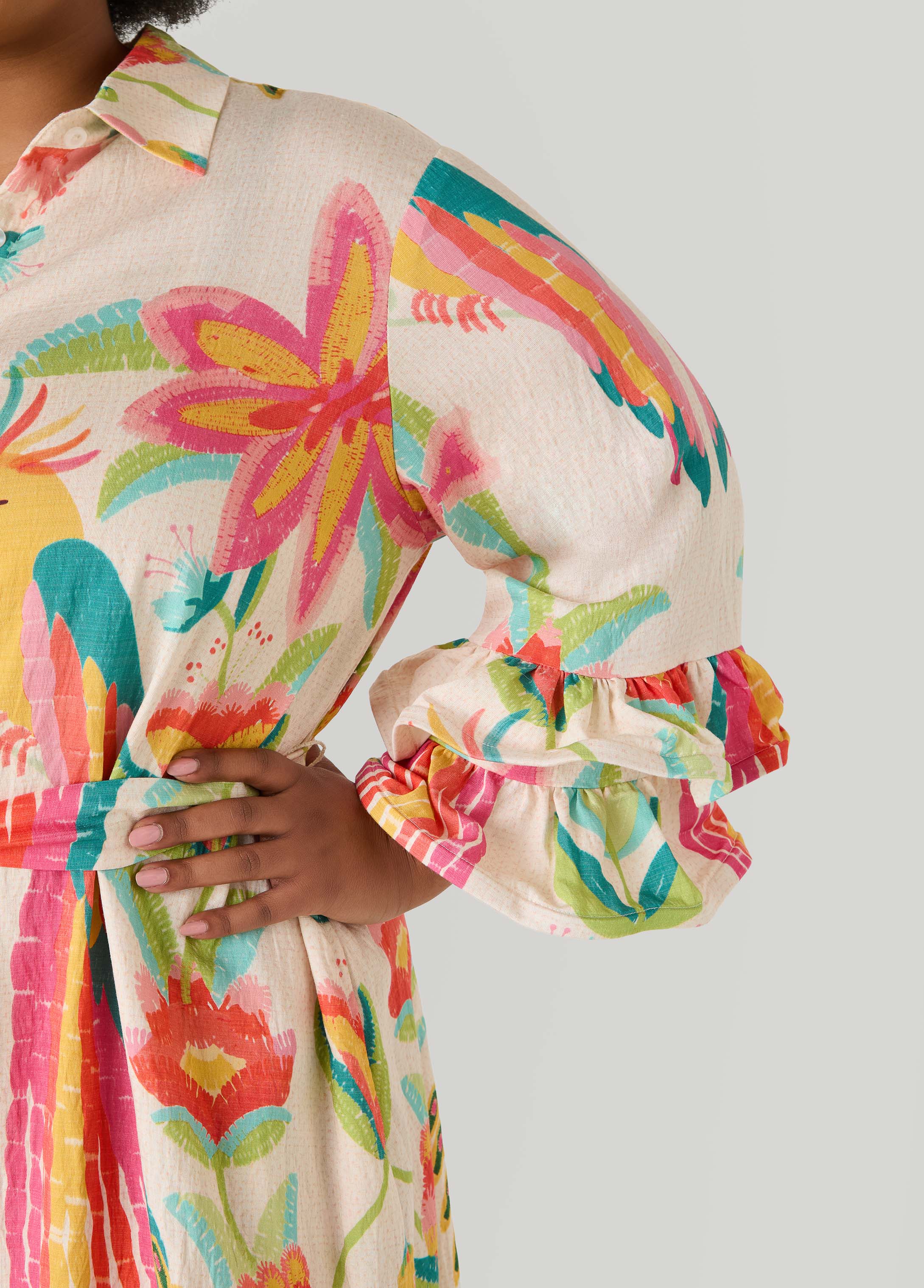 Ruffled Parrot Print Shirtdress