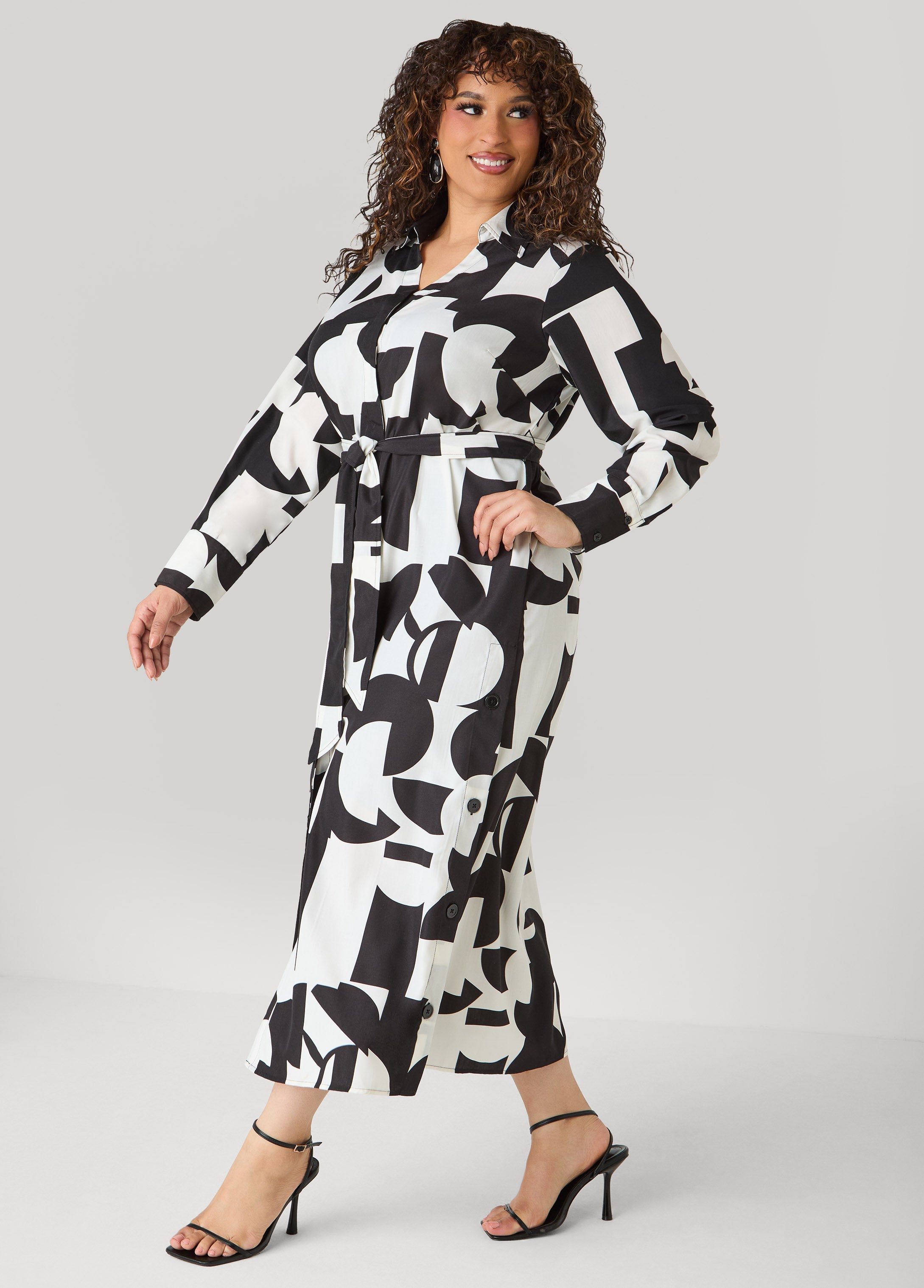 Button Detail Geo Maxi Shirtdress