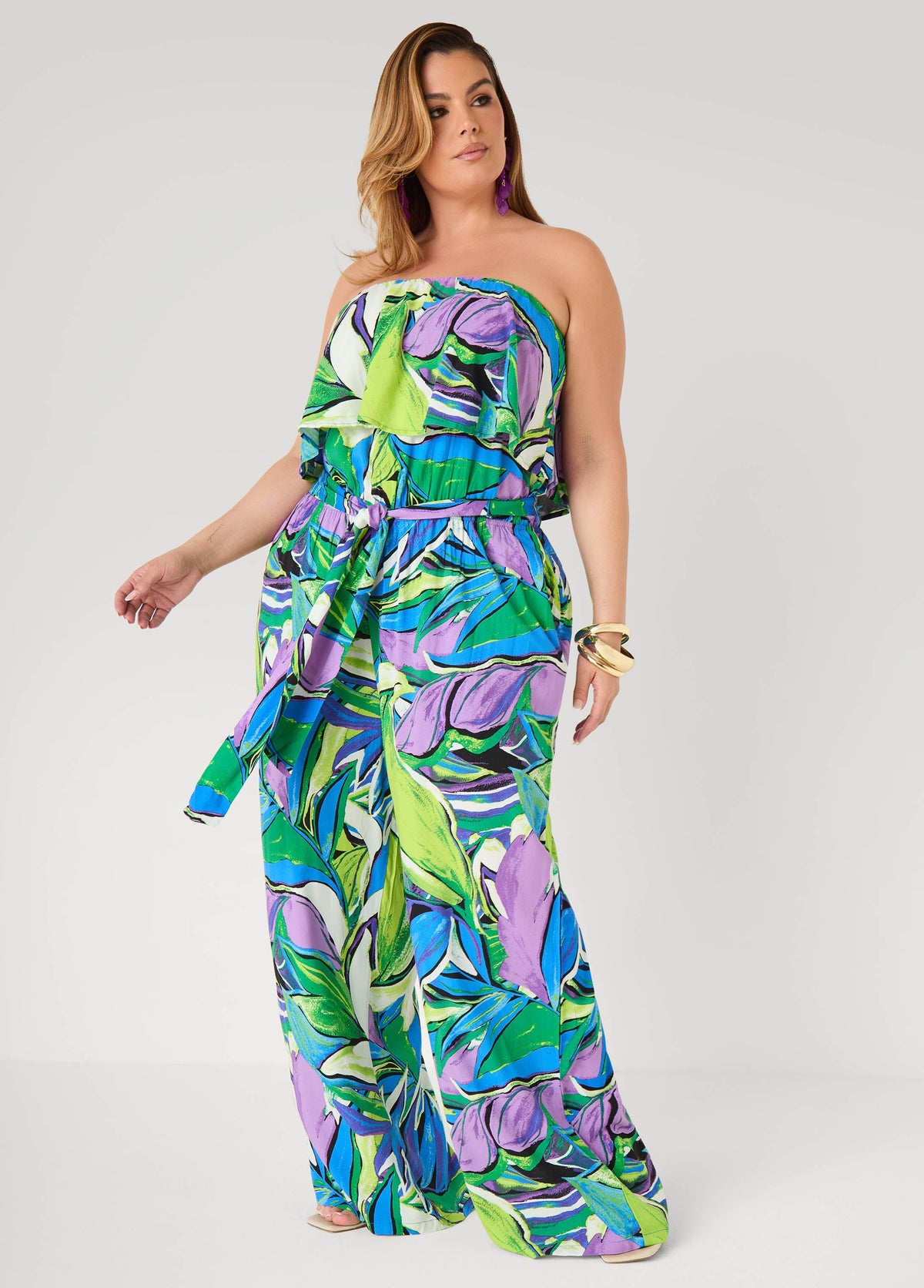 Strapless Leaf Print Jumpsuit