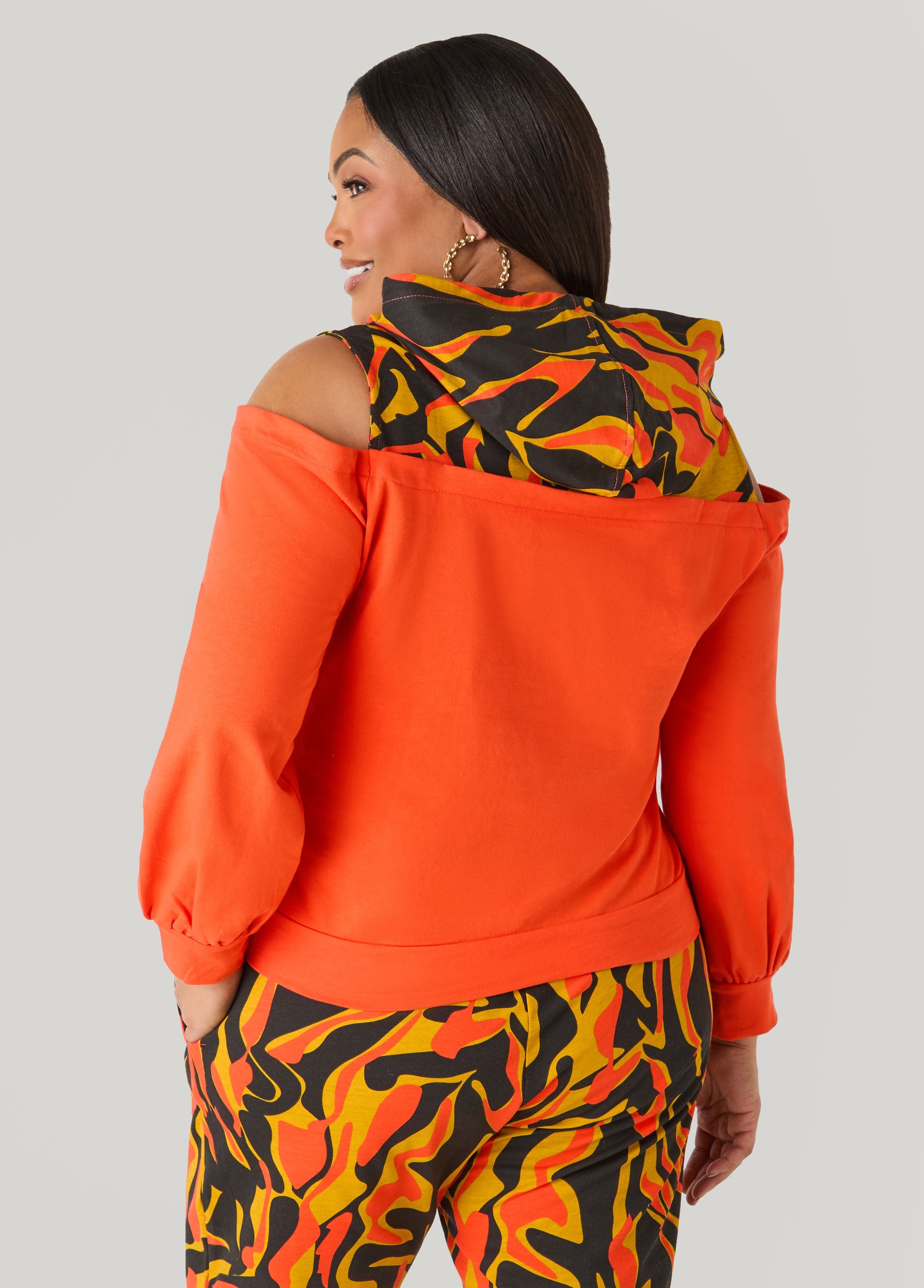 Cold Shoulder Printed Hoodie