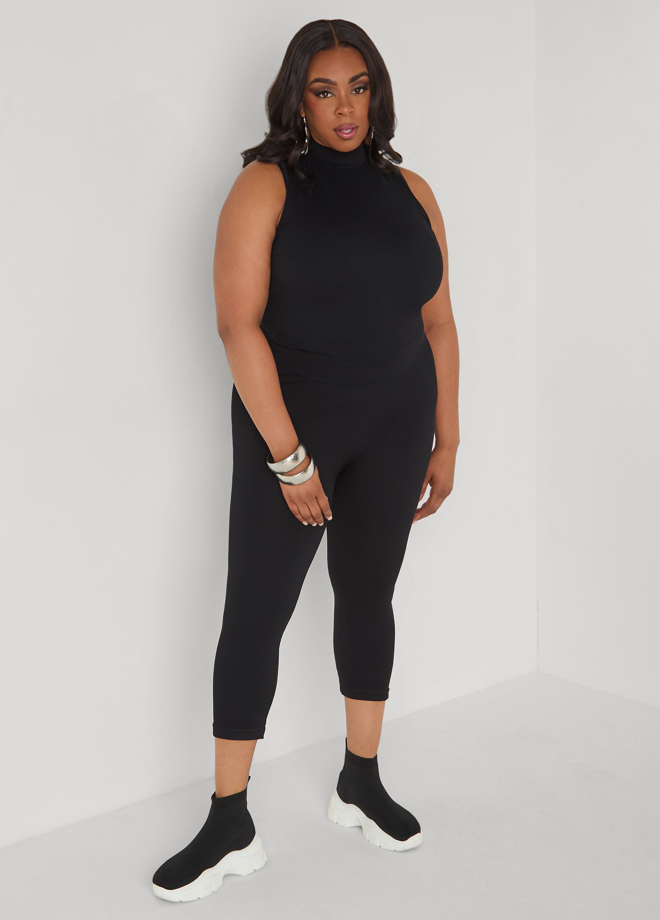 Ribbed Mock Neck Top And Capri Set