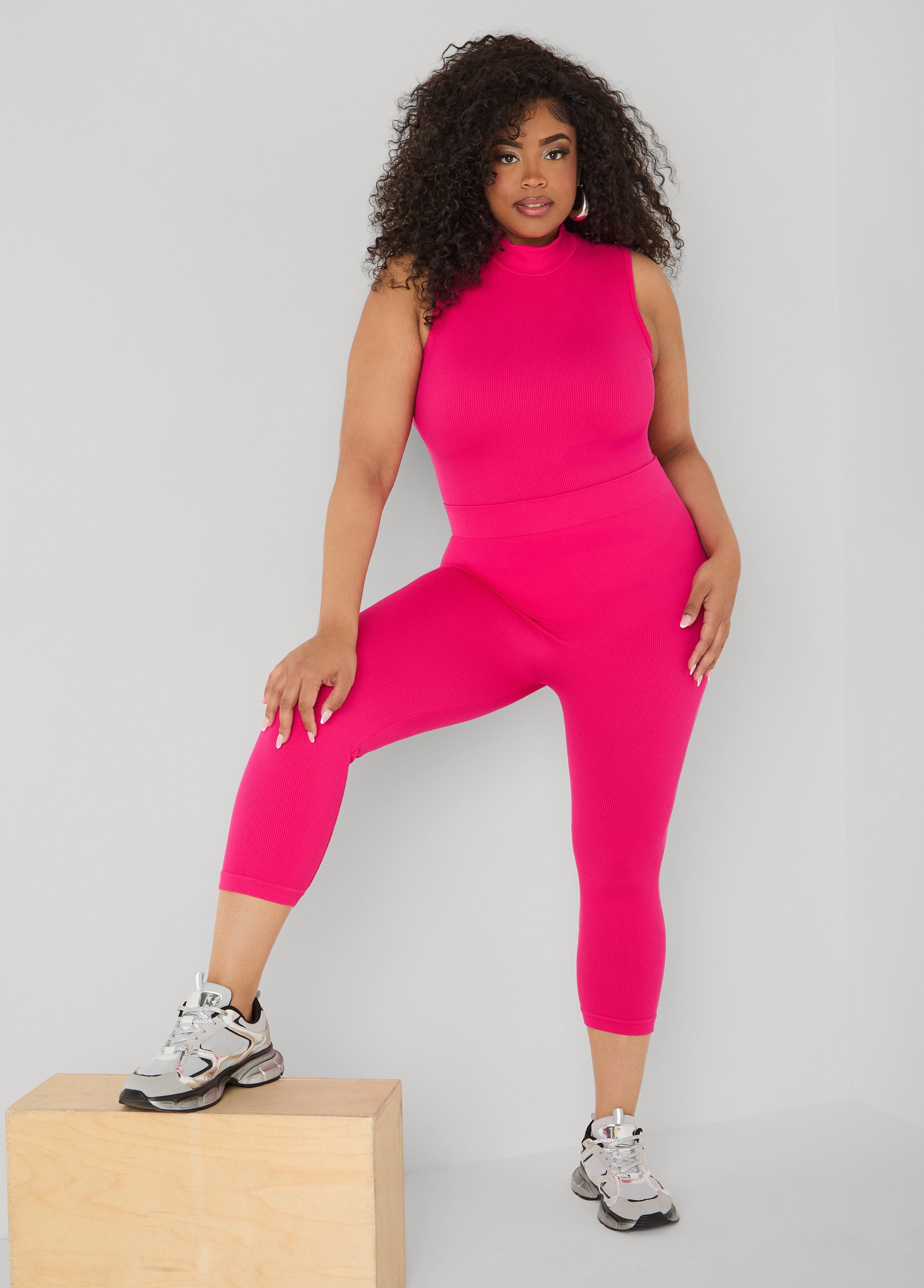 Ribbed Mock Neck Top And Capri Set