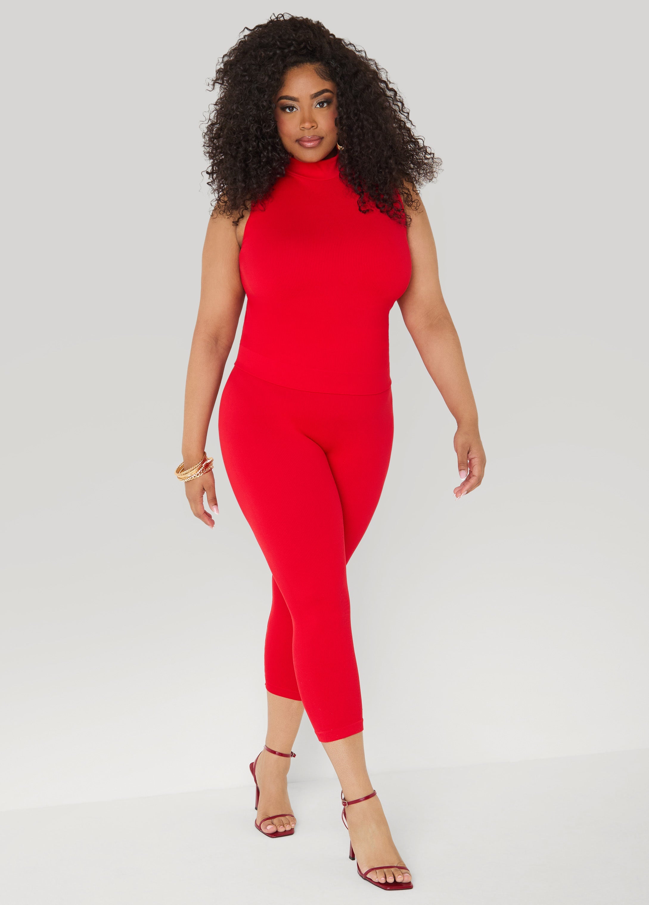 Ribbed Mock Neck Top And Capri Set