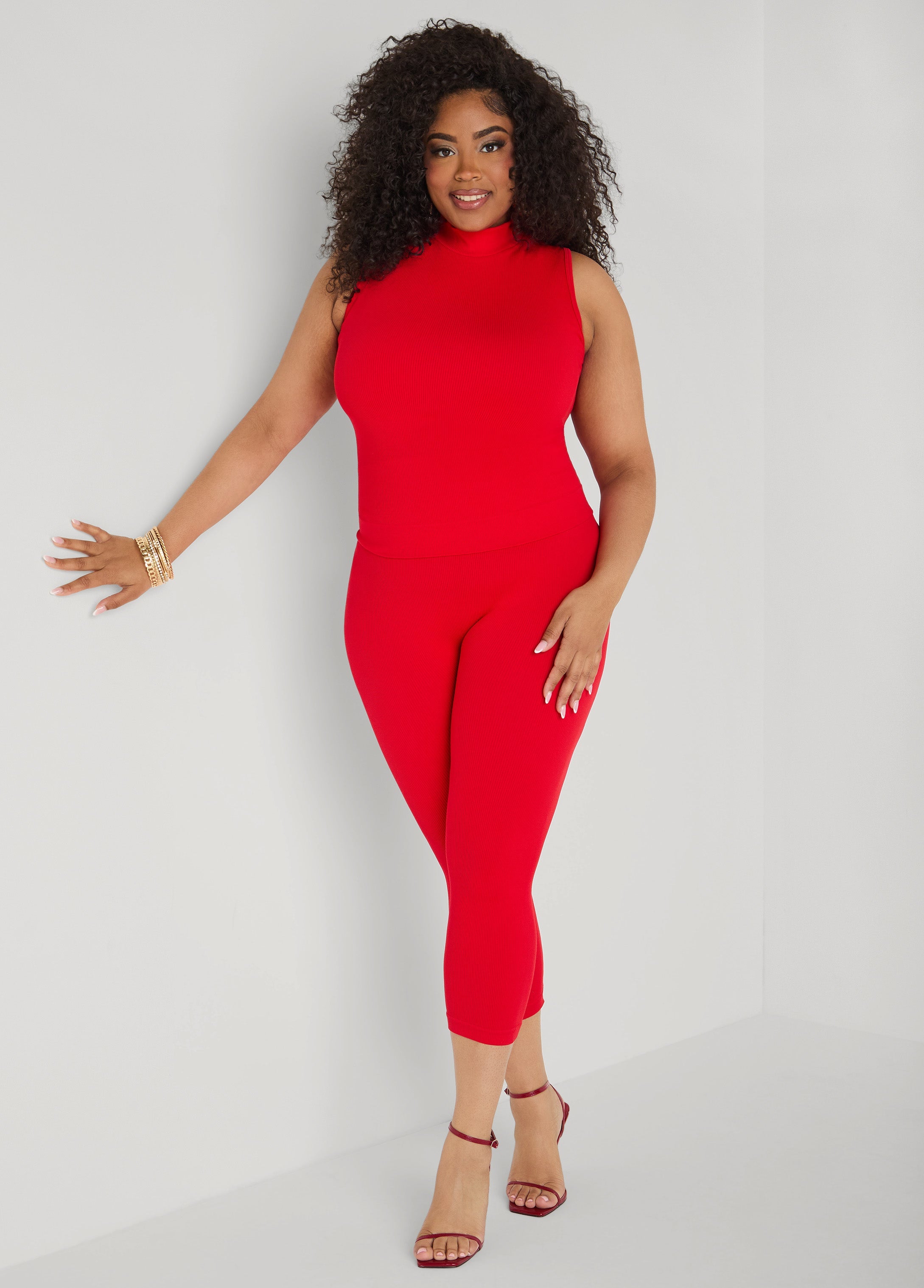Ribbed Mock Neck Top And Capri Set