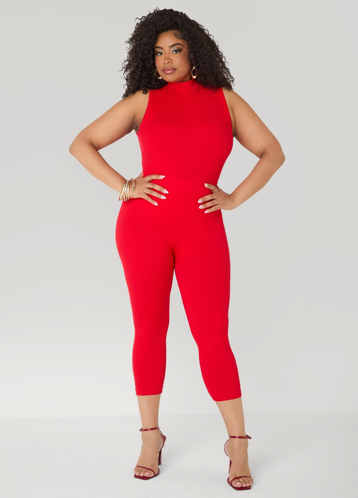 Ribbed Mock Neck Top And Capri Set