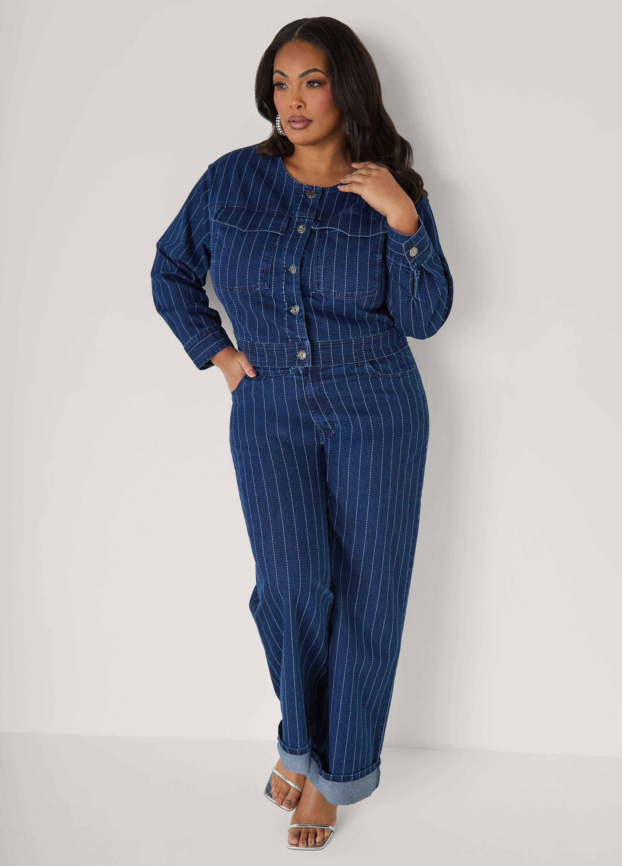 Pinstriped Denim Crop Jacket