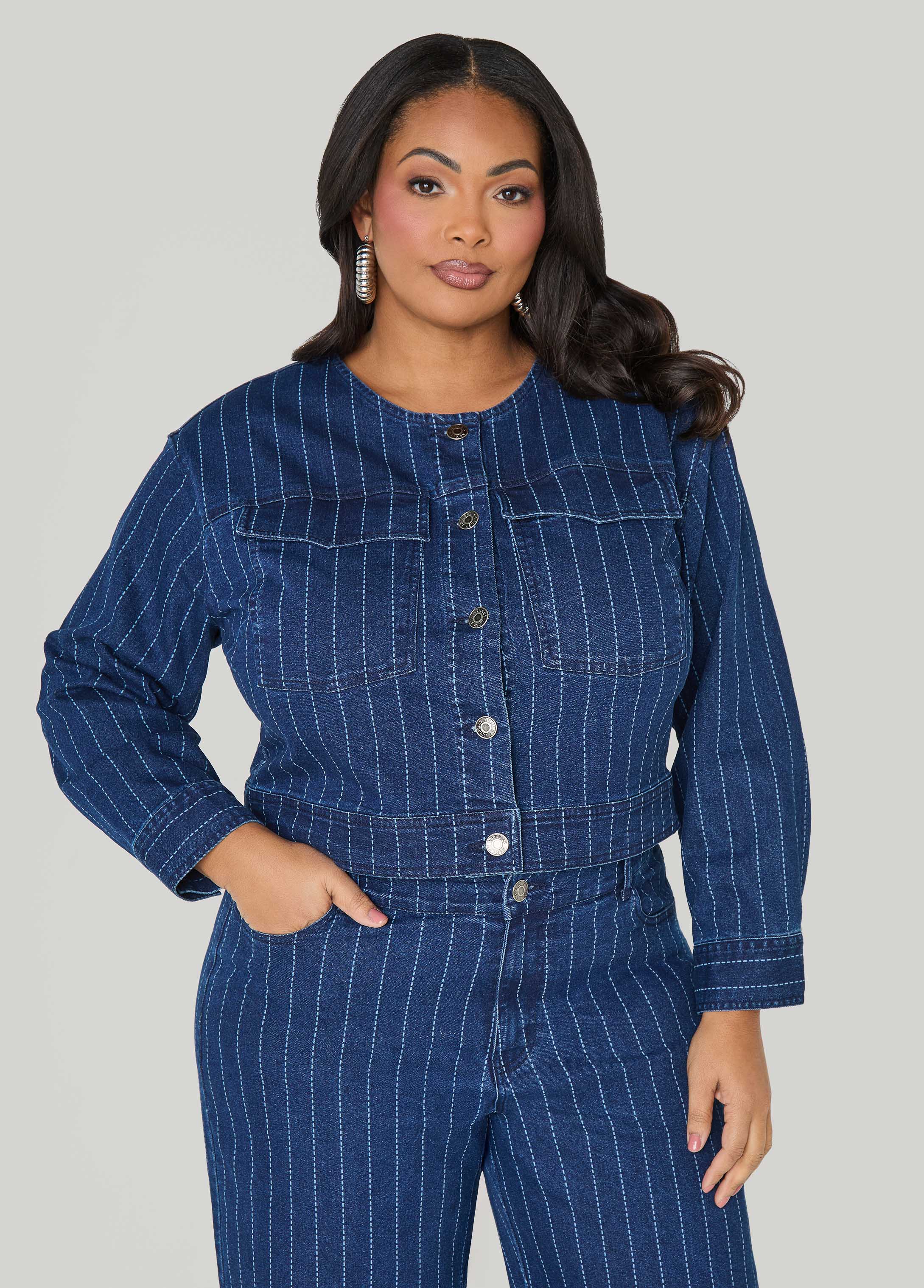 Pinstriped Denim Crop Jacket