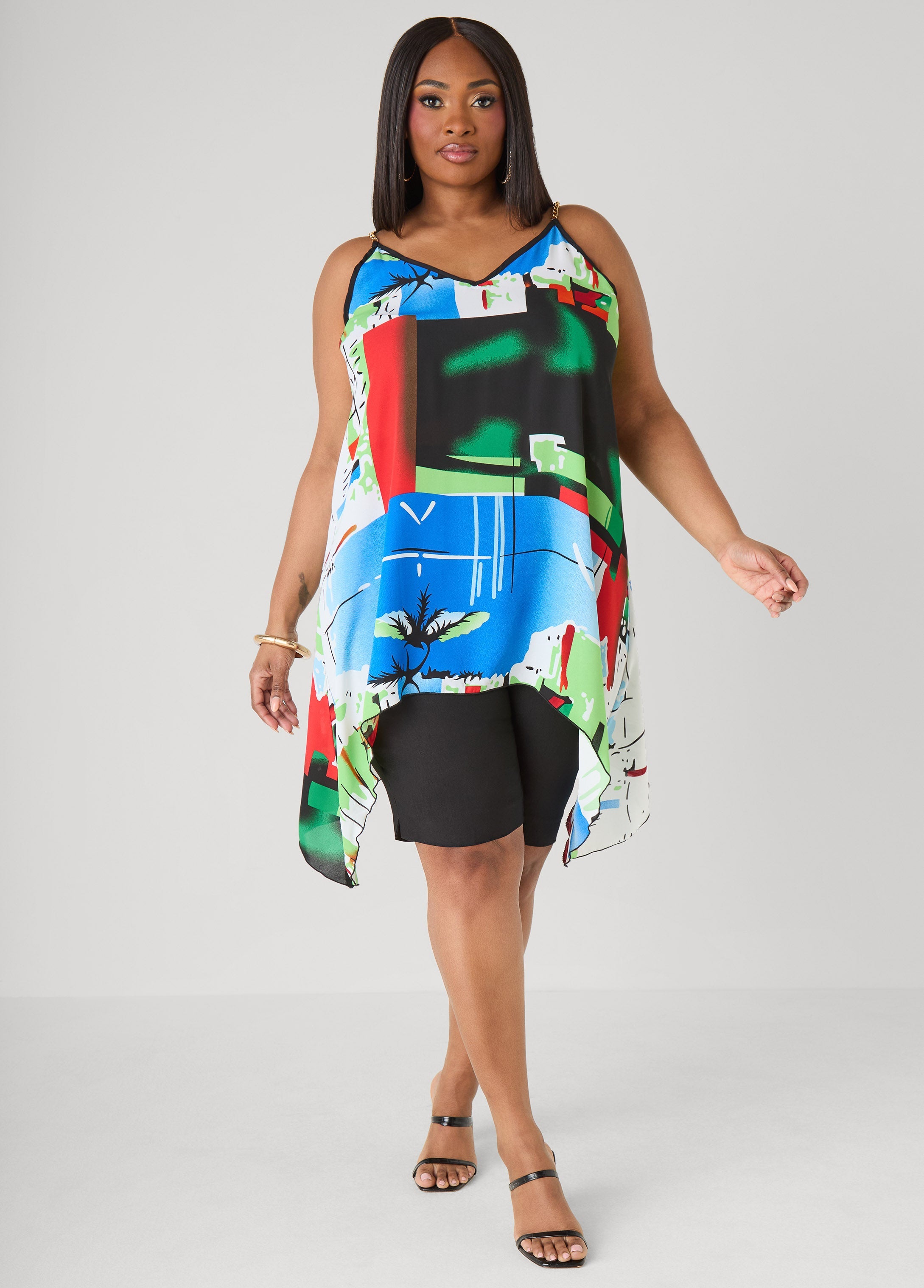 Chain Trimmed Abstract Print Top