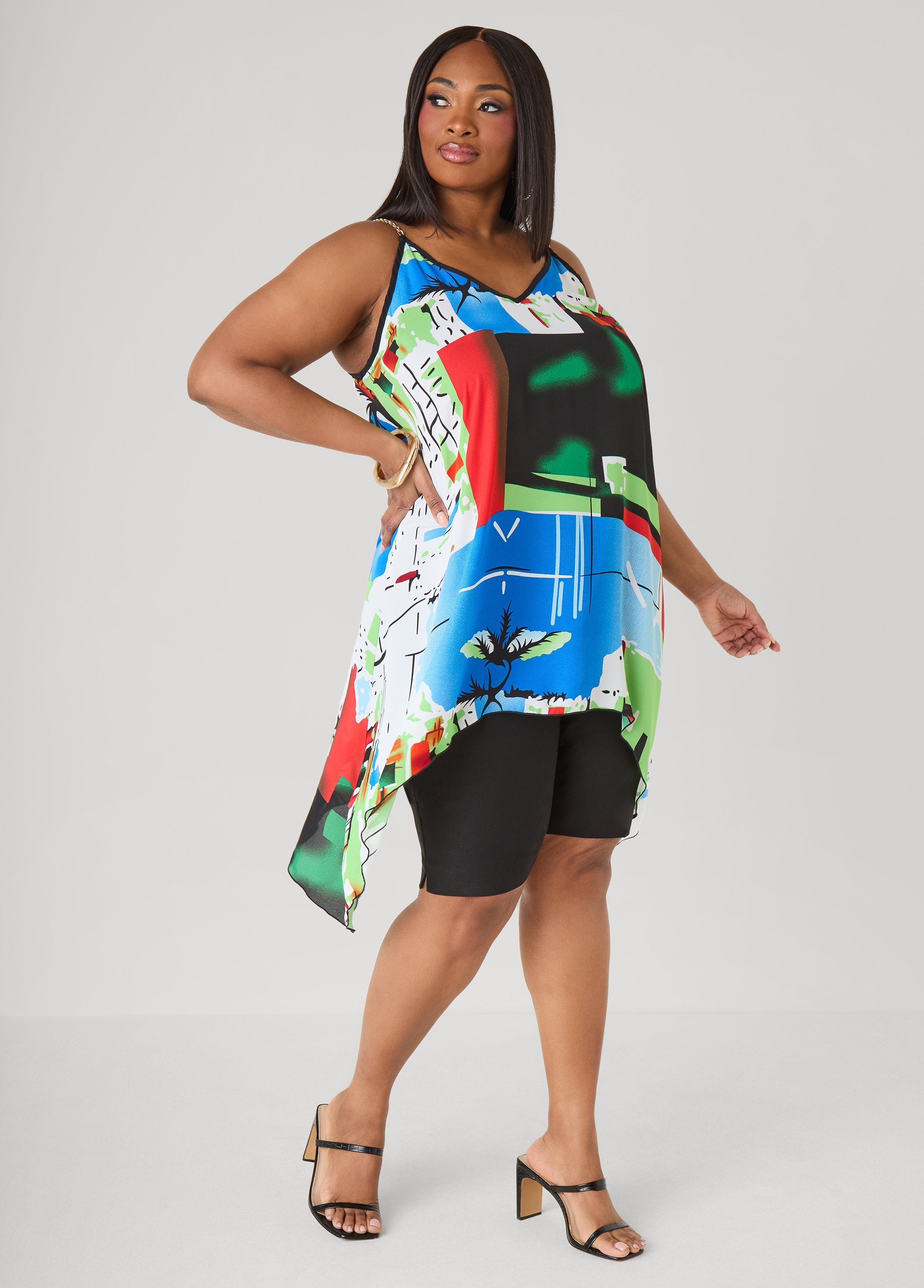 Chain Trimmed Abstract Print Top