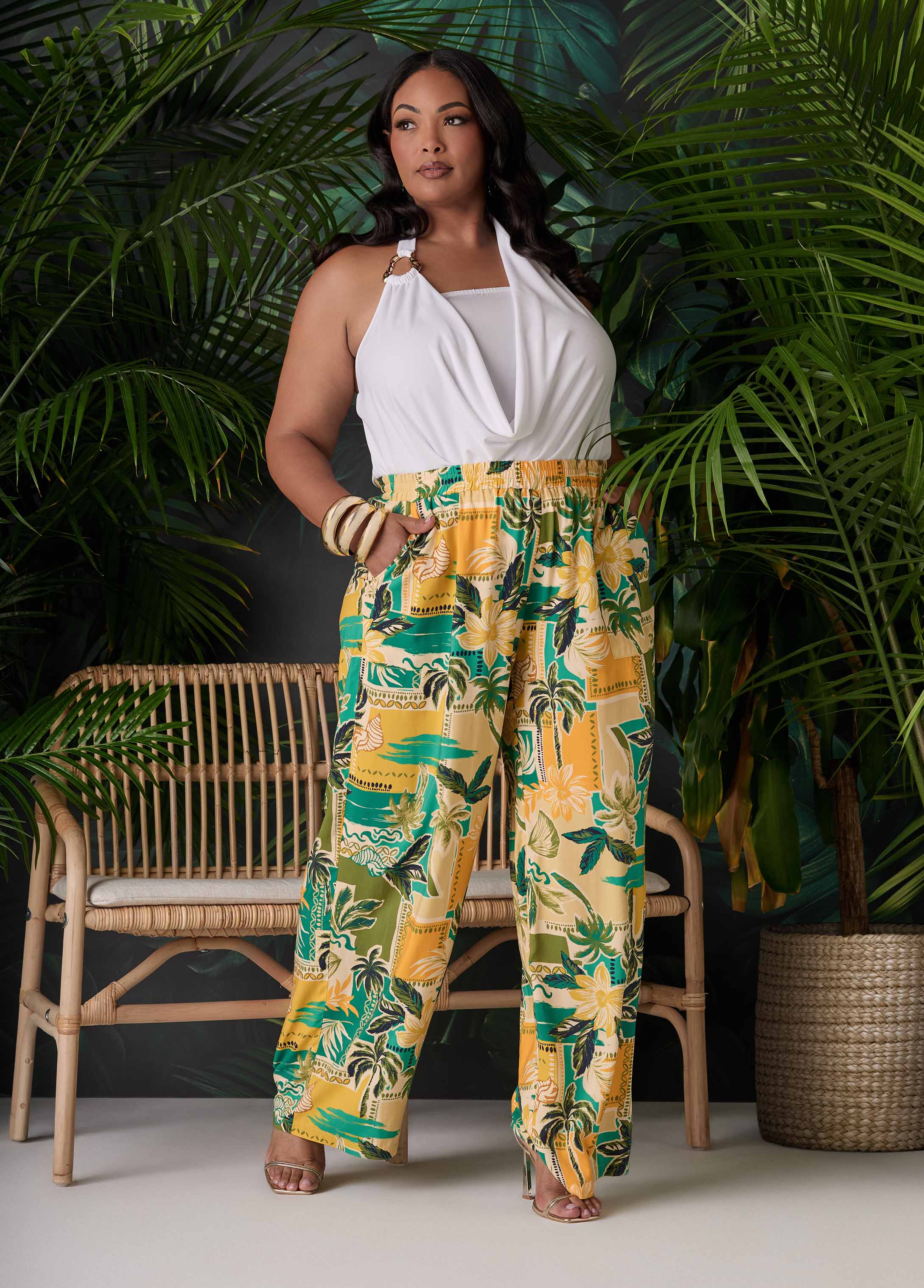 Tropical Print Wide Leg Pants