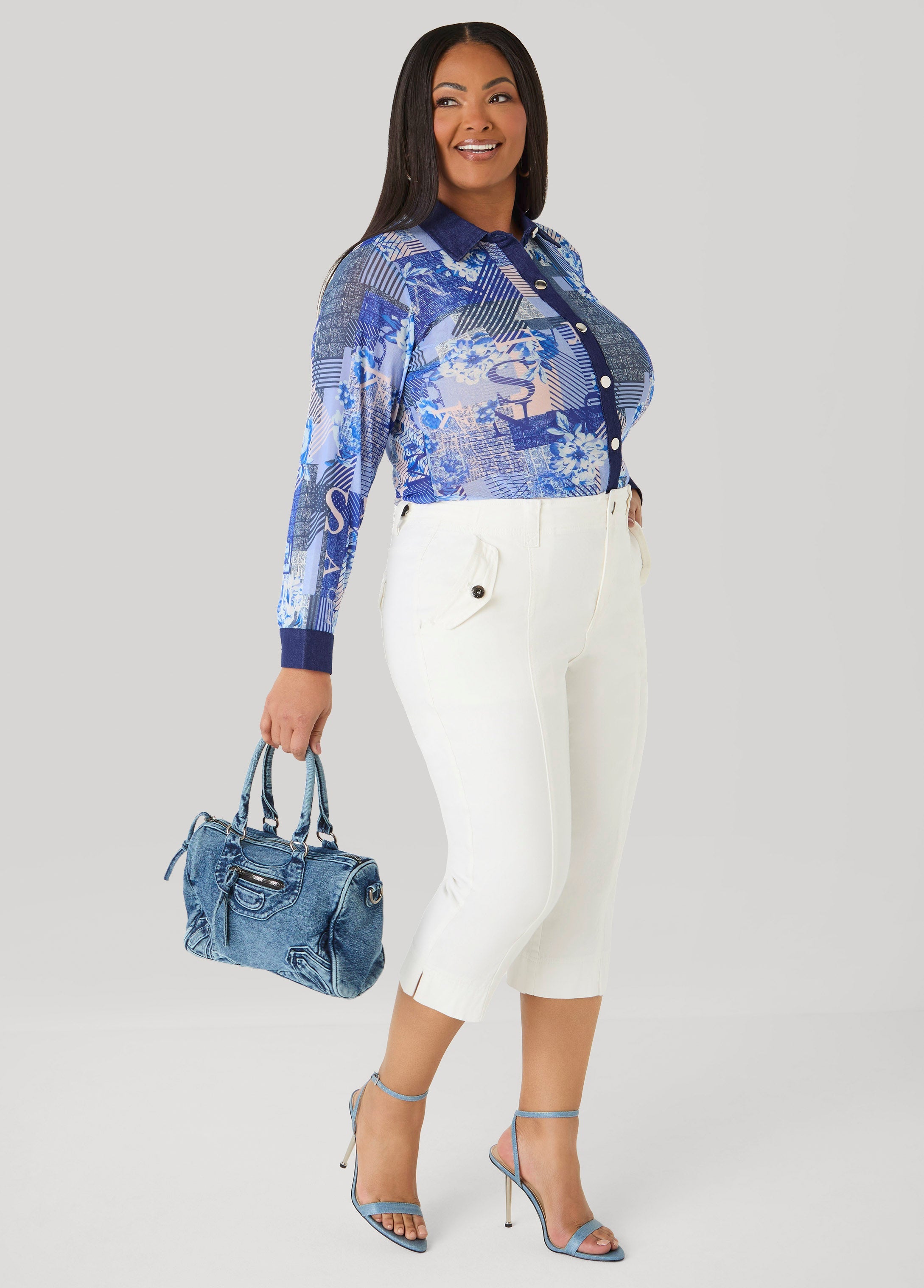 Denim Trimmed Printed Mesh Shirt