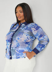 Denim Trimmed Printed Mesh Shirt